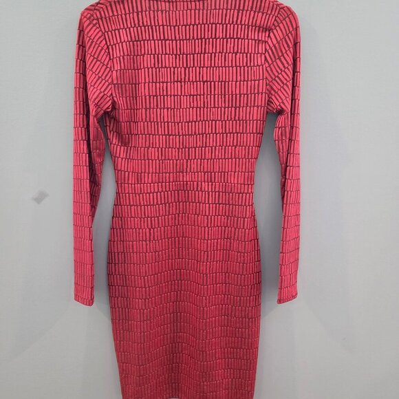 FRENCH CONNECTION FAUZ WRAP DRESS SIZE 6 RED LINEAR JACQUARD LONG SLEEVE - Picture 7 of 10